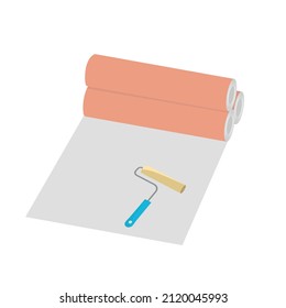 Roll of wallpaper and paint roller. Wallpaper sticking. Renovation and reconstruction. 