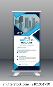 roll up and web banner design wit blue and white background.