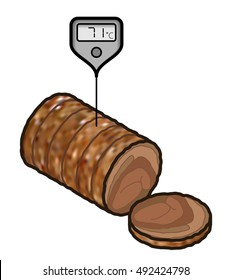 A roll of well done roast beef/lamb with a meat thermometer showing 71 C.