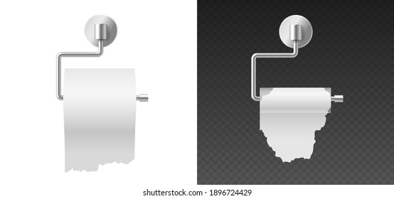 Roll of white toilet paper hanging on chrome toilet roll holder isolated on white and black background. Set of realistic 3d toilet paper holders with rolls. Vector illustration