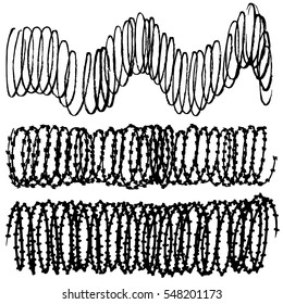 Roll of wires, barbed wires, black marker lines in spirals on white base