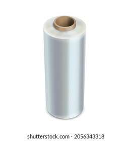 Roll of wrapping plastic stretch film isolated. Transparent packaging cellophane spool, for kitchen Vector illustration.