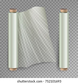 Roll Of Wrapping Stretch Film Vector. Opened And Closed Polymer Packaging. Cellophane, Plastic Wrap. Isolated On Transparent Background Illustration