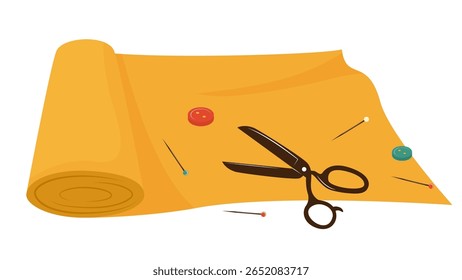 a roll of yellow sewing textile, scissors and safety pins