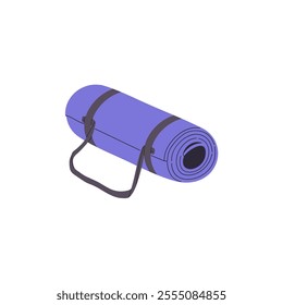 Roll of yoga mat icon. Folded mattress with straps. Rubber rug for fitness training. Carpet for camping during hiking. Trekking tool for tourism. Flat isolated vector illustration on white background