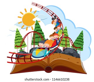 Rollacoaster theme park on pop up book illustration