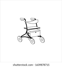 Rollator for older people and rehabilitation. Black outline flat style vector illustration can be used in greeting cards, posters, flyers, banners, promotions, invitations, hospital promotions etc