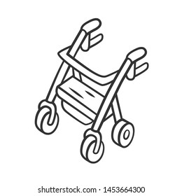 Rollator walker chalk linear icon. Mobility aid device for physically disabled people. Wheel walker equipment. Thin line illustration. Contour symbol. Vector isolated outline drawing. Editable stroke