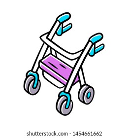 Rollator walker color icon. Mobility aid device for physically disabled people. Pensioner, elderly four wheel walker equipment. Rehab, intense recovery system. Isolated vector illustration