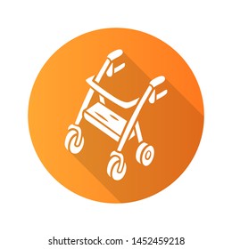 Rollator walker flat design long shadow glyph icon. Mobility aid device for physically disabled people. Pensioner, elderly four wheel walker equipment. Vector silhouette illustration