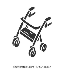 Rollator Walker Glyph Icon.  Mobility Aid Device For Physically Disabled People. Pensioner, Elderly Four Wheel Walker Equipment. Silhouette Symbol. Negative Space. Vector Isolated Illustration