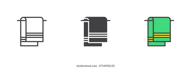 Conjunto de iconos de estilo diferente de toalla de playa enrollada. Icono colorido de línea, contorno sólido y relleno, signo y símbolo de Vector. Icono de toalla de verano para la venta de vacaciones.