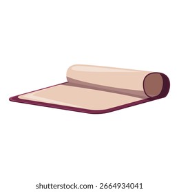 Aufgerollte beige Matte mit violettem Rand einzeln auf weißem Hintergrund