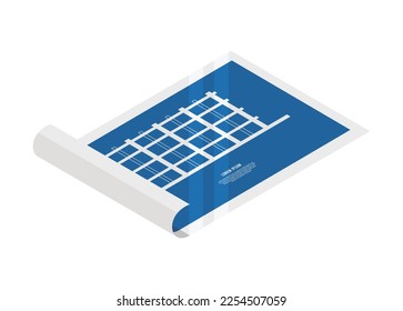 Rolled blue print paper in isometric view. Simple flat illustration.