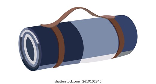 Rolled up blue sleeping bag with brown straps and handle for camping and outdoor adventures