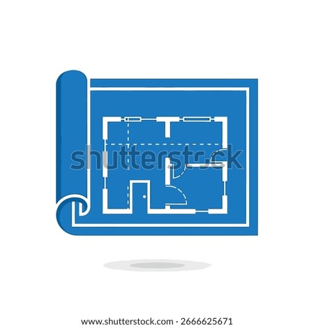 A rolled blueprint displaying a floor plan with rooms, doors, and windows, symbolizing architectural design and planning.