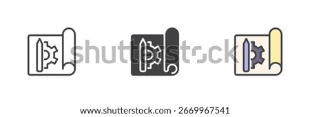 Rolled blueprint with gear in different style icon set. Line, solid and filled outline versions. Color vector sign and symbol for engineering plan, settings and mechanism icon.