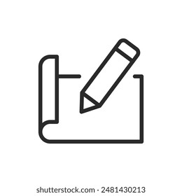 Rolled blueprint with a pencil, linear style icon. Blueprint with a pencil, drafting or design planning. Editable stroke width.