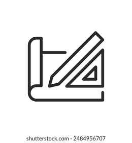Plano enrollado con lápiz y Regla, icono de estilo lineal. Plano con herramientas de dibujo, dibujo o planificación arquitectónica. Ancho de trazo editable.