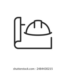 Rolled blueprint with a safety helmet, linear style icon. Blueprint with a safety helmet, construction planning or safety in design. Editable stroke width.