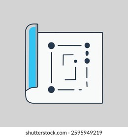 Rolled blueprint showing a building plan with rooms and circles