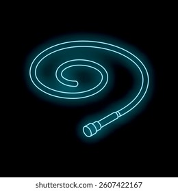 Rolled cable with jack connector glowing blue neon light on black background