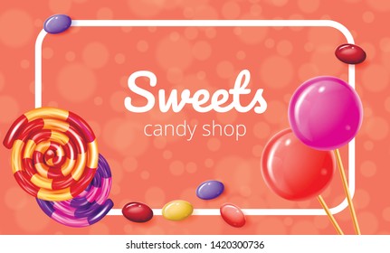 Rolled Caramel and Lollipops Orange on Background. Natural Candy. Vector Illustration. Colored Caramel. Lollipop Different Shapes. Fruit Caramel. Sweets Candy Shop. Inscription on Color Background.