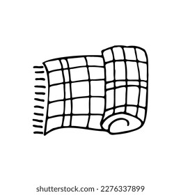 Rolled checkered plaid with fringes. Cozy, warm from dense, fluffy fabric. Blanket, coverlet. Doodle. Vector illustration. Hand drawn. Outline.