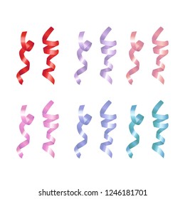 Rolled decorative ribbons of different colors vector illustration set in realistic style - multicolor shiny spiral tape for holiday design isolated on white background.