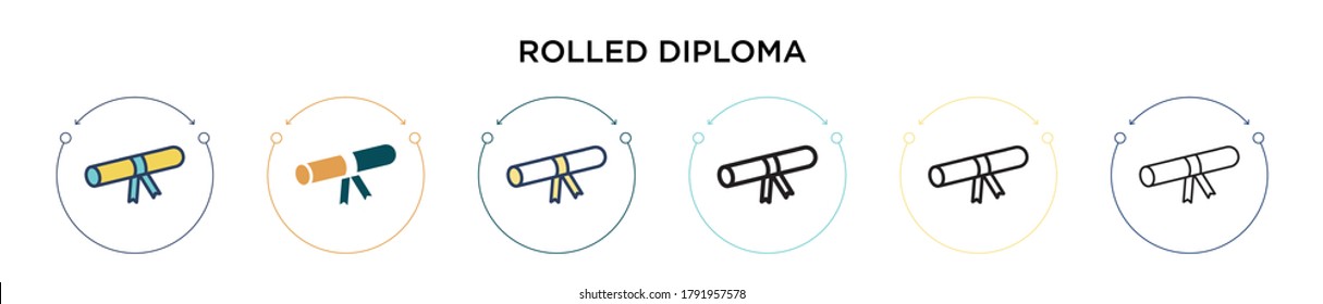 Rolled diploma icon in filled, thin line, outline and stroke style. Vector illustration of two colored and black rolled diploma vector icons designs can be used for mobile, ui, web