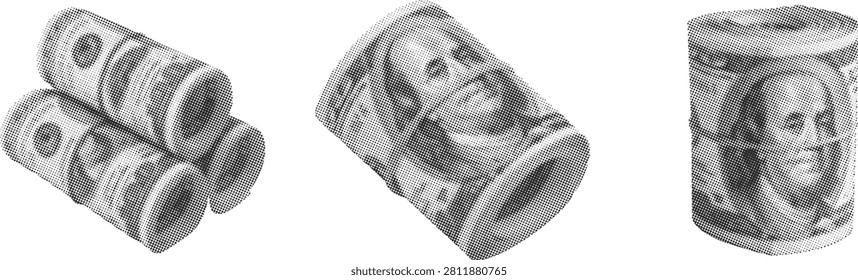 Rolled dollar banknotes collection isolated on white background for finance, banking, business, and investment concepts. Realistic currency rolls symbolize wealth and savings. Perfect for marketing, presentations, editorial, and vector illustrations.