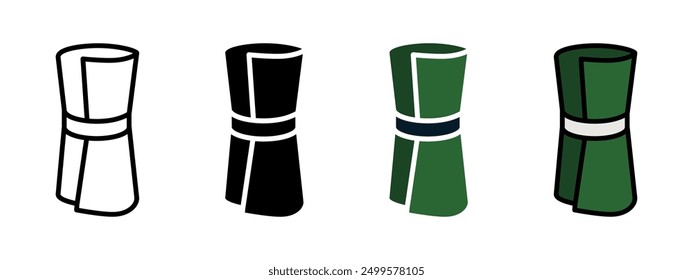 Conjunto de iconos de billetes de dólar rodados. Ilustración vectorial de estera de yoga enrollada. Símbolo de pila de billetes verde. Letrero de efectivo. Pictograma de ahorro aislado.