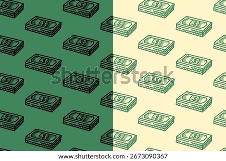 Rolled dollar bills engraving seamless pattern on green white background. Bundle of currency hand drawn doodle pattern background. Financial money roll hatching motif wallpaper. Vector Illustration