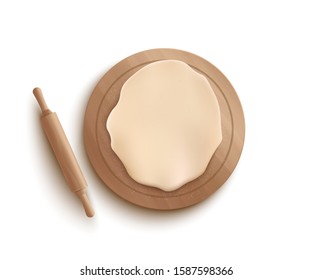 Rolled dough piece in round shape lying on wooden cutting board near wood rolling pin isolated on white background - Italian food baking ingredient, vector illustration