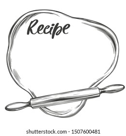 Rolled dough and rolling pin top view, background for text isolated on white background hand drawn vector illustration realistic sketch
