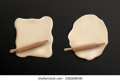 Rolled dough in square and round shape with wooden rolling pin isolated on black background - top view of homemade food baking ingredient, vector illustratoin