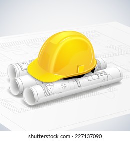 Rolled drafts with a construction helmet. Vector illustration