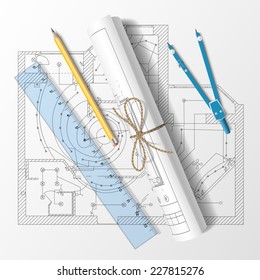 Rolled drafts with a pencil, a ruler and compasses. Vector illustration
