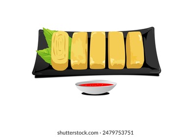 Rolled eggs on a plate. Asian food in a unique style. Colored vector illustration on a white background