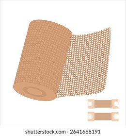 Rolled elastic bandage in brown color,
comes with two small metal clips,
used for wounds and doctor care,
medical equipment, flat design style.