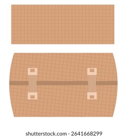 Rolled elastic bandage in skin color,
with two attached metal fasteners,
used for wounds, doctor treatment,
first aid, flat design style.
