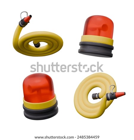 Rolled fire hose, red signal alarm lamp. Set of 3D templates in different positions