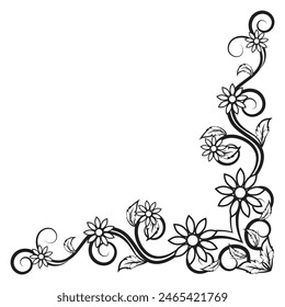 Rolled flower and leaf corners for decorating wedding cards. black lines flowers