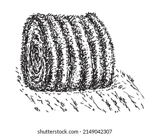Rolled hay vector icon. Stack of dry field grass. Sketch Round straw bale, natural farm cattle feed, biofuel. Haystacks. Farming, agriculture, countryside concept. Rolled haycock for livestock animal.
