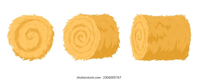 Rolled haycock. Agricultural straw stack, bale of hay from different angles. Rural haystack, dried farm haystack flat vector illustration set