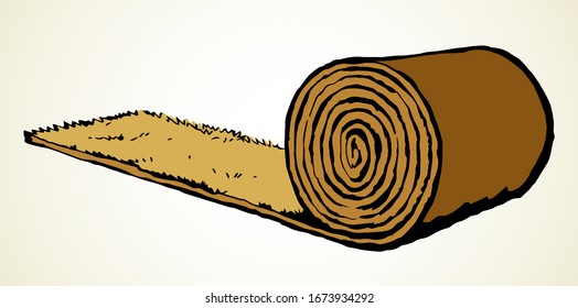 Rolled haycock for livestock animal on white village backdrop. Freehand outline black ink hand drawn autumn eco haymow logo sign sketchy in retro art doodle cartoon style pen on paper space for text