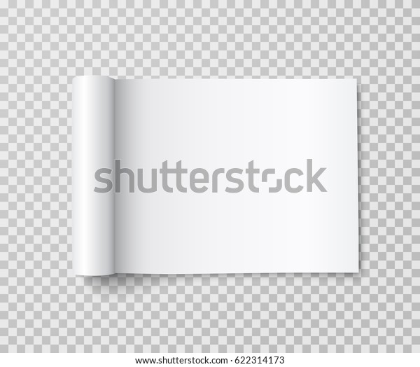 Rolled landscape magazine with white\
paper pages isolated on transparent background. Vector open blank\
book, catalog or brochure with folded sheets mockup.\
