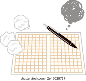 Rolled up manuscript paper and a thrown pen