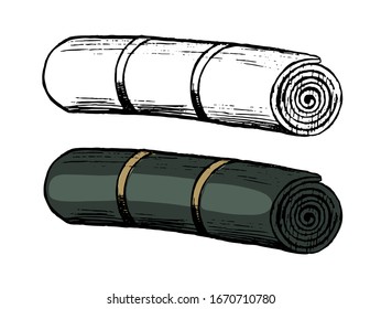 Rolled up mat for hike. Hand drawn vector illustration. Set of contour and color drawing isolated on white. Doodle element for design, print, sticker. Vintage, ink sketch, etching, realistic style.