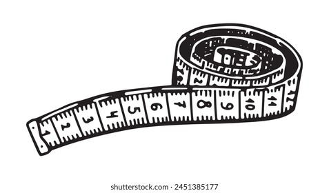 Aufgerollte Maßband-Skizze. Nähhandwerk, Schneiderausrüstung doodle. Umriss-Vektorillustration im Retro-Gravurstil.